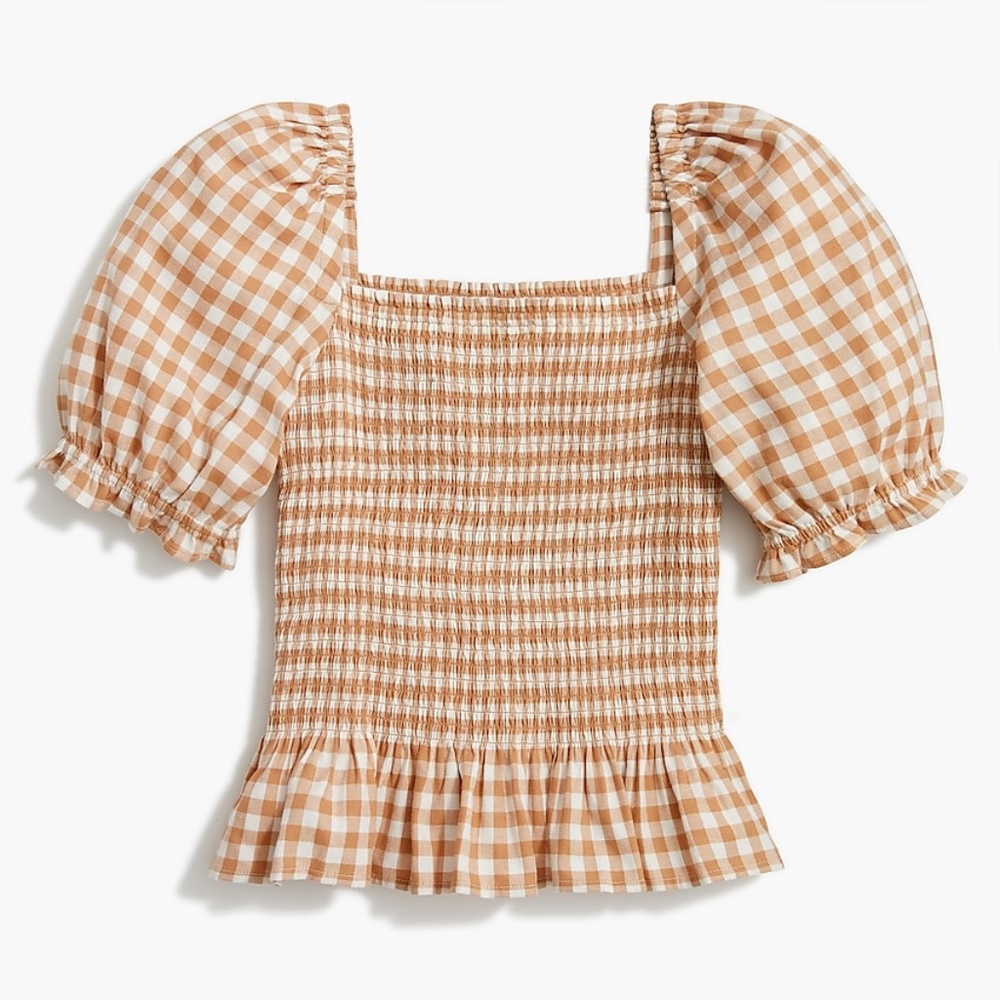 J Crew Factory Flannel Smocked Top in Camel Ivory